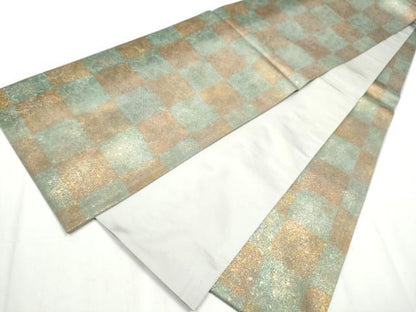 平和屋着物●全通柄袋帯　市松渦巻き文　金彩　正絹　逸品　CABB0764hy