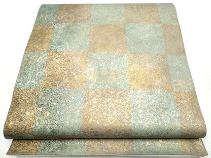 平和屋着物●全通柄袋帯　市松渦巻き文　金彩　正絹　逸品　CABB0764hy