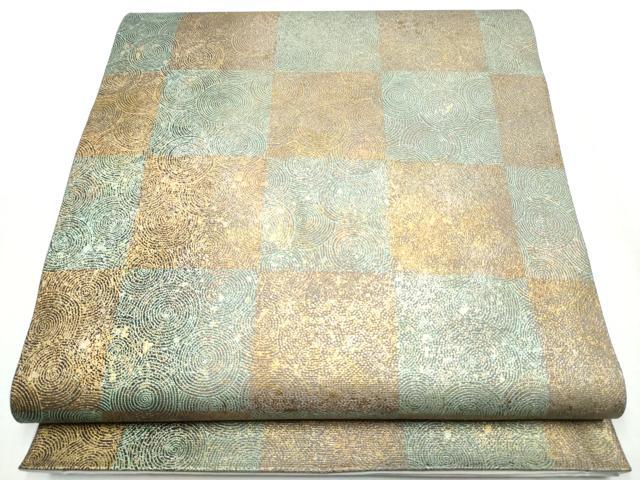 平和屋着物●全通柄袋帯　市松渦巻き文　金彩　正絹　逸品　CABB0764hy