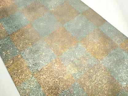 平和屋着物●全通柄袋帯　市松渦巻き文　金彩　正絹　逸品　CABB0764hy