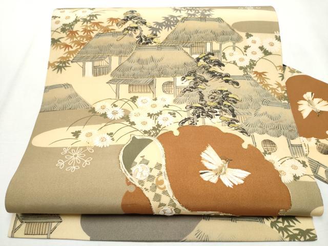 平和屋着物●アンティーク　大正ロマン　九寸名古屋帯　風景草花文　金糸　正絹　逸品　CABB0769hy