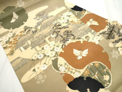 平和屋着物●アンティーク　大正ロマン　九寸名古屋帯　風景草花文　金糸　正絹　逸品　CABB0769hy