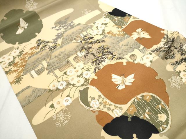 平和屋着物●アンティーク　大正ロマン　九寸名古屋帯　風景草花文　金糸　正絹　逸品　CABB0769hy