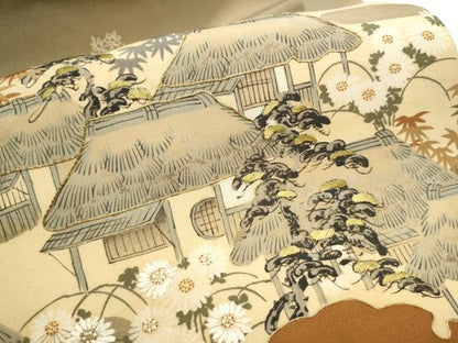 平和屋着物●アンティーク　大正ロマン　九寸名古屋帯　風景草花文　金糸　正絹　逸品　CABB0769hy