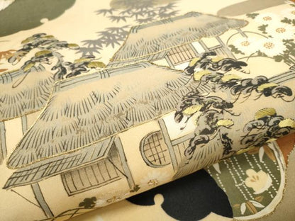 平和屋着物●アンティーク　大正ロマン　九寸名古屋帯　風景草花文　金糸　正絹　逸品　CABB0769hy