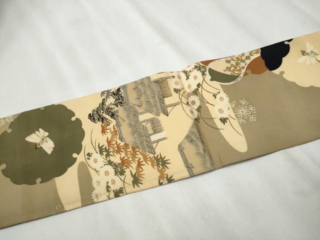 平和屋着物●アンティーク　大正ロマン　九寸名古屋帯　風景草花文　金糸　正絹　逸品　CABB0769hy