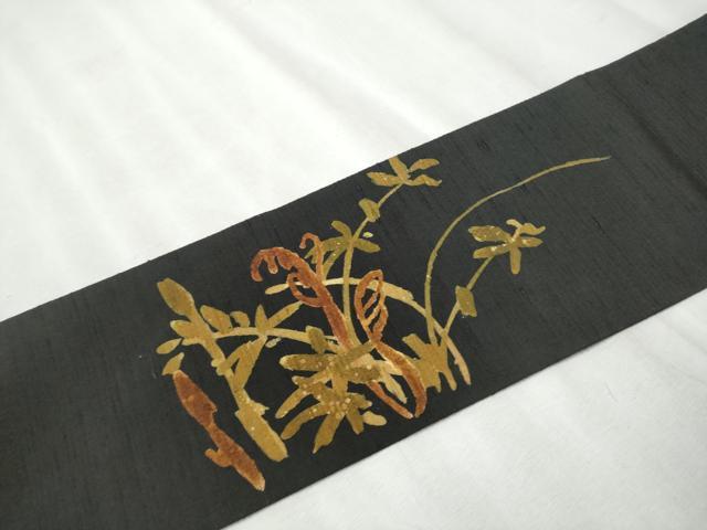 平和屋着物●九寸名古屋帯　紬地　ろうけつ染　つくし　黒地　金糸　正絹　逸品　CABB0772hy