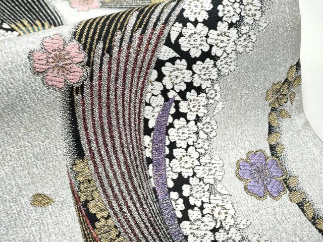 平和屋着物●両面　六通柄袋帯　唐織　舞桜文　横段花文　黒地　金銀糸　正絹　逸品　DABA0182cm 平和屋着物○六通柄袋帯 唐織 舞桜文 金銀糸 正絹 逸品