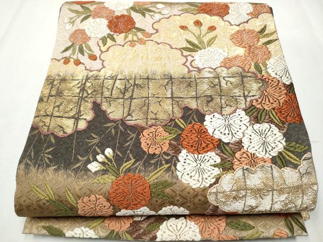 平和屋着物●西陣の名門　加納幸謹製　両面　六通柄袋帯　唐織　雲重ね草花文　金糸　正絹　逸品　CABB0799hy 平和屋着物○西陣の名門 加納幸謹製 両面 六通柄袋帯 唐織