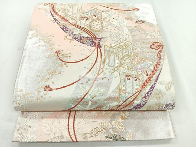 平和屋着物◎六通柄袋帯 唐織 御所車花文 鶴 金銀糸 正絹 逸品 CABB0801nb