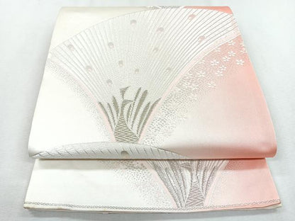 平和屋着物◎六通柄袋帯 唐織 孔雀文 銀糸 正絹 逸品 CABB0802nb