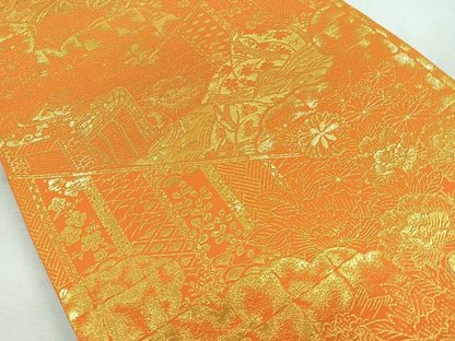 平和屋着物◎六通柄袋帯　風景女人文　金糸　正絹　逸品　未使用　CABB0815nb