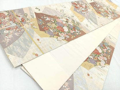 平和屋着物◎六通柄袋帯　扇面重に花車文　金銀糸　正絹　逸品　CABB0840nb