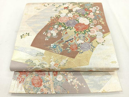 平和屋着物◎六通柄袋帯　扇面重に花車文　金銀糸　正絹　逸品　CABB0840nb