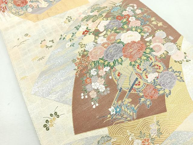 平和屋着物◎六通柄袋帯　扇面重に花車文　金銀糸　正絹　逸品　CABB0840nb
