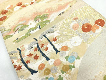 平和屋着物◎六通柄袋帯唐織　吉祥花文　松　万寿菊　金銀糸　正絹　逸品　CABB0850nb