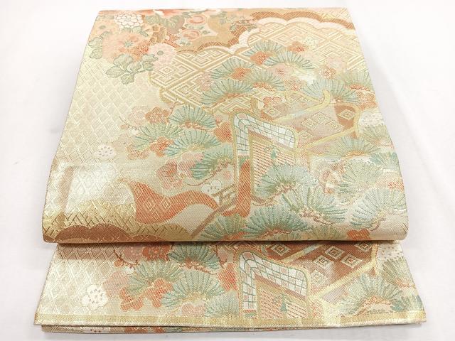平和屋着物◎佐賀錦　六通柄袋帯　雲取り草花文　牡丹　金糸　正絹　逸品　CABB0858nb