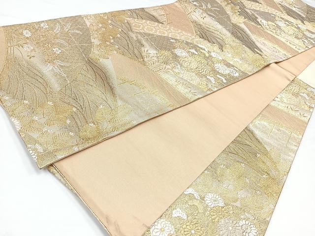平和屋着物◎九百佐賀錦　六通柄袋帯　蒔絵　渡り橋吉祥花文　金糸　正絹　逸品　CABB0863nb