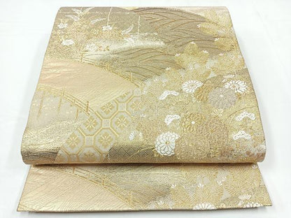 平和屋着物◎九百佐賀錦　六通柄袋帯　蒔絵　渡り橋吉祥花文　金糸　正絹　逸品　CABB0863nb
