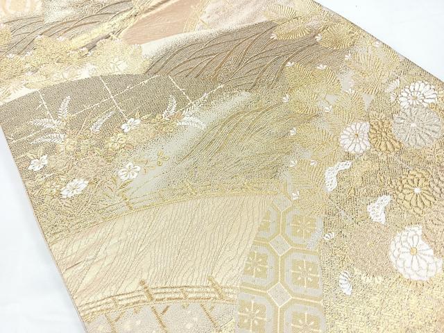平和屋着物◎九百佐賀錦　六通柄袋帯　蒔絵　渡り橋吉祥花文　金糸　正絹　逸品　CABB0863nb