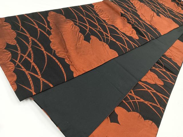 平和屋着物◎六通柄袋帯 ふくれ織 雲取り芝草文 黒地 正絹 逸品 CABB0886nb