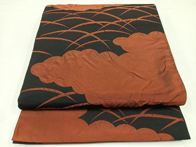 平和屋着物◎六通柄袋帯 ふくれ織 雲取り芝草文 黒地 正絹 逸品 CABB0886nb