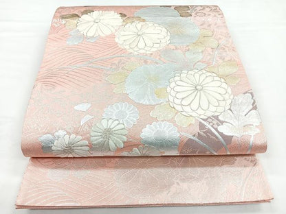 平和屋着物◎六通柄袋帯　駒刺繍　草花文　菊　金銀彩　正絹　逸品　CABB0915nb