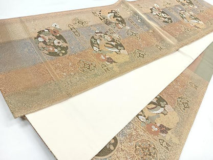 平和屋着物◎六通柄袋帯　横段孔雀花文　金糸　正絹　逸品　CABB0917nb