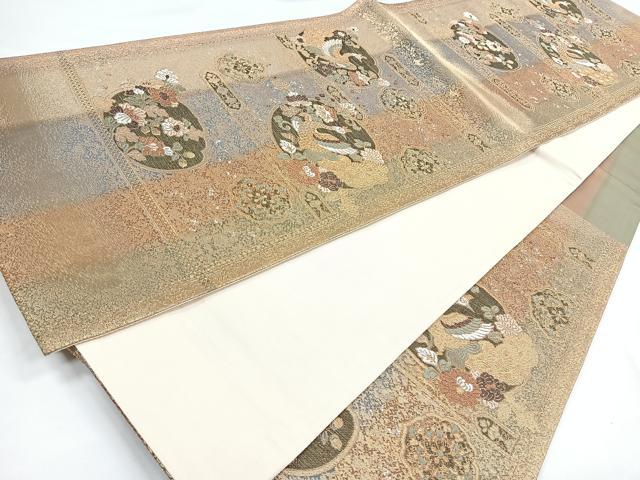 平和屋着物◎六通柄袋帯　横段孔雀花文　金糸　正絹　逸品　CABB0917nb