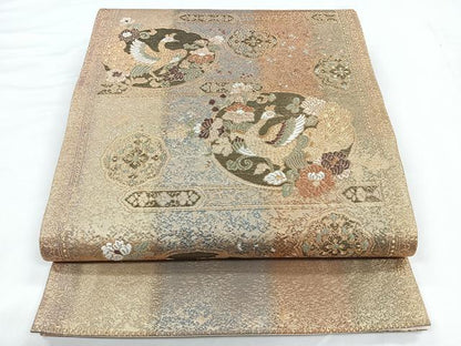 平和屋着物◎六通柄袋帯　横段孔雀花文　金糸　正絹　逸品　CABB0917nb