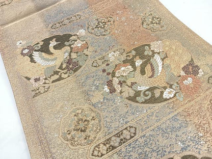 平和屋着物◎六通柄袋帯　横段孔雀花文　金糸　正絹　逸品　CABB0917nb