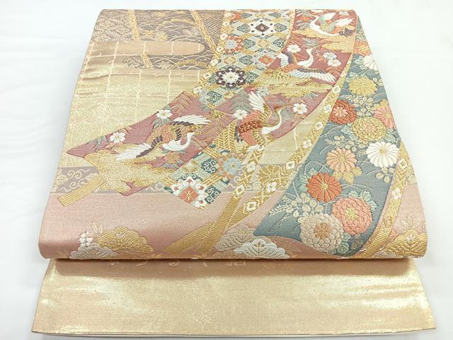 平和屋着物◎六通柄袋帯　唐織　几帳飛鶴花文　本うるし箔　正絹　逸品　CABB0918nb