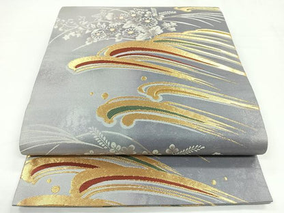 平和屋着物◎六通柄袋帯　立波花文　金糸　引箔　正絹　逸品　CABB0924nb