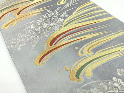 平和屋着物◎六通柄袋帯　立波花文　金糸　引箔　正絹　逸品　CABB0924nb