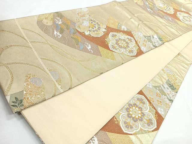 平和屋着物◎六通柄袋帯　唐織　絵巻正倉院花文　金糸　引箔　正絹　逸品　CABB0933nb