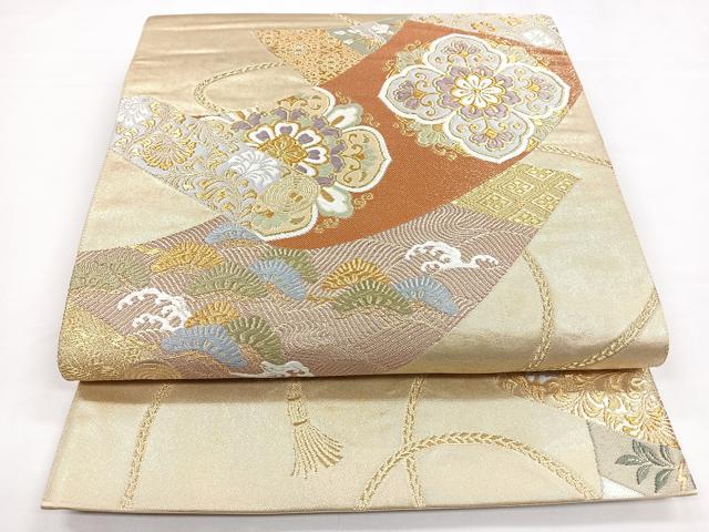 平和屋着物◎六通柄袋帯　唐織　絵巻正倉院花文　金糸　引箔　正絹　逸品　CABB0933nb