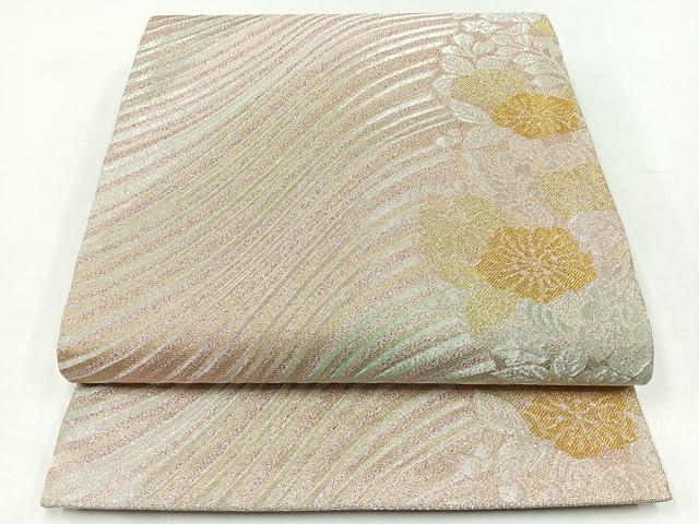 平和屋着物◎六通柄袋帯　流水草花文　金銀糸　正絹　逸品　CABB0961nb