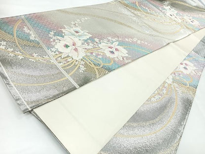 平和屋着物◎六通柄袋帯 草花文 金銀糸 正絹 逸品 CABB1013nb