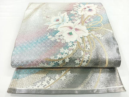 平和屋着物◎六通柄袋帯 草花文 金銀糸 正絹 逸品 CABB1013nb