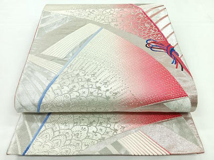 平和屋着物◎六通柄袋帯 飾花文 銀糸 正絹 逸品 CABB1015nb