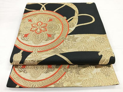平和屋着物◎六通柄袋帯　唐織　鏡裏花文　黒地　金糸　正絹　逸品　CABB1058nb