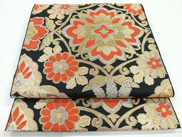 平和屋着物◎六通柄袋帯　唐織　更紗花文　黒地　金銀糸　正絹　逸品　CABB1059nb