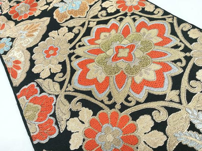 平和屋着物◎六通柄袋帯　唐織　更紗花文　黒地　金銀糸　正絹　逸品　CABB1059nb