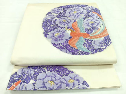 平和屋着物◎六通柄袋帯　唐織　推朱花鳥文　金銀糸　正絹　逸品　CABB1061nb