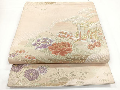 平和屋着物◎六通柄袋帯　唐織　御所車花文　金糸　正絹　逸品　CABB1072nb