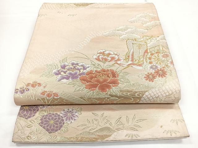 平和屋着物◎六通柄袋帯　唐織　御所車花文　金糸　正絹　逸品　CABB1072nb