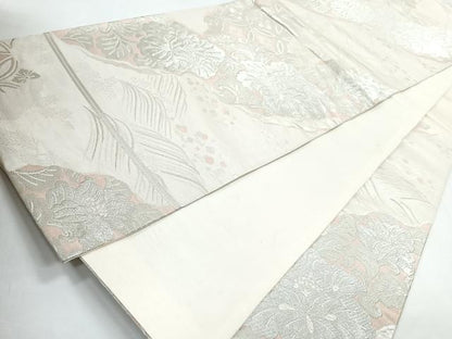 平和屋着物◎六通柄袋帯　草花文　銀糸　正絹　逸品　CABB1074nb