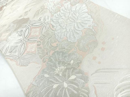 平和屋着物◎六通柄袋帯　草花文　銀糸　正絹　逸品　CABB1074nb
