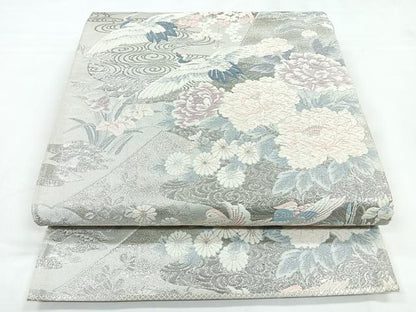 平和屋着物◎六通柄袋帯　唐織　飛鶴花文　銀糸　正絹　逸品　CABB1075nb