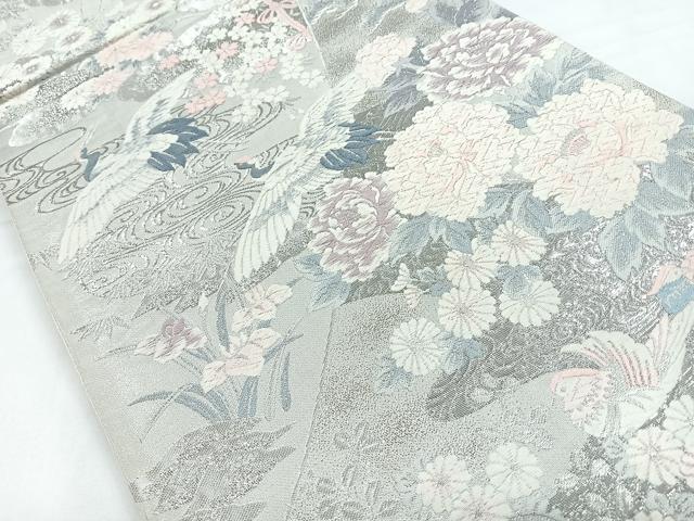 平和屋着物◎六通柄袋帯　唐織　飛鶴花文　銀糸　正絹　逸品　CABB1075nb